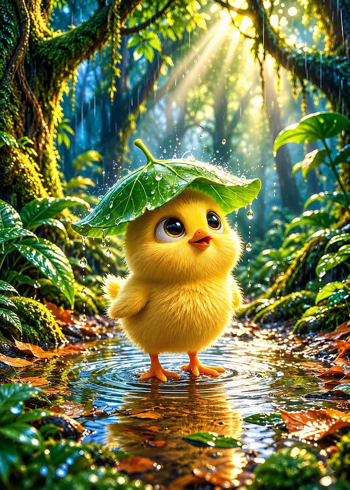 Cute Chick Under Leaf Umbrella