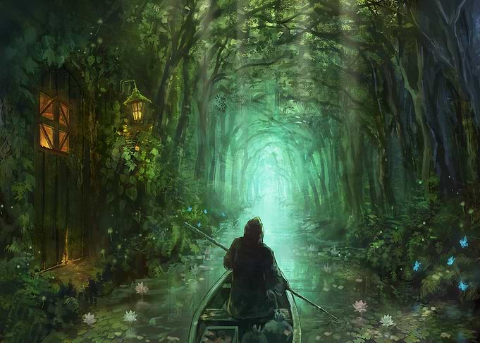 Mystical Boat Journey Through Enchanted Forest