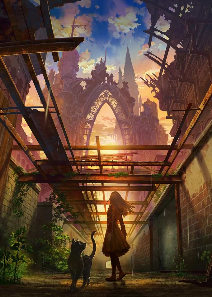 Girl and Cat in Ruined City