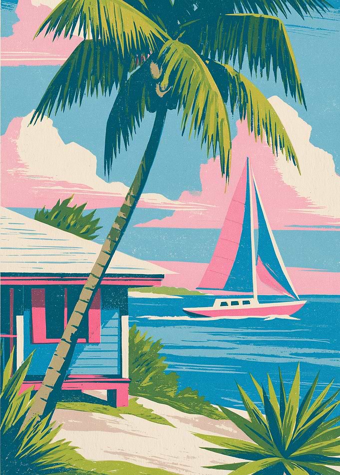 Tropical Coastal Sailboat Scene