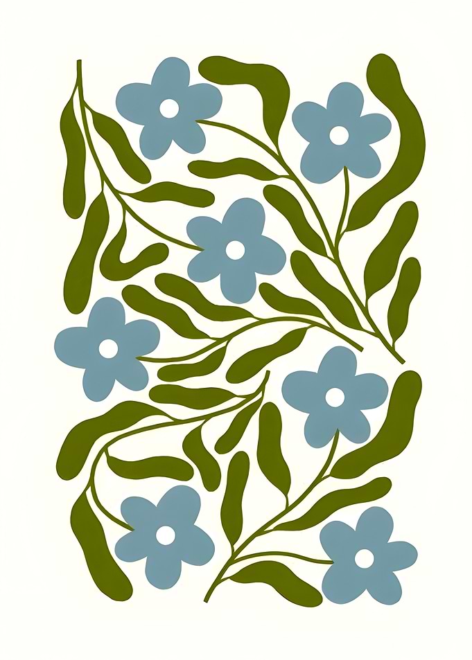 Minimalist Blue Flower and Leaf Pattern