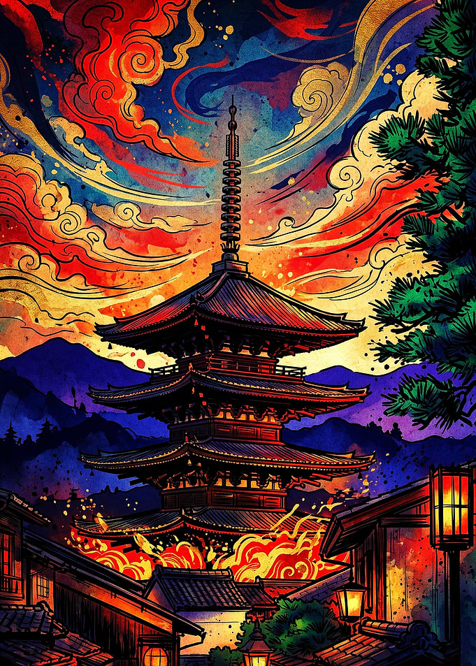 Vibrant Japanese Pagoda at Sunset