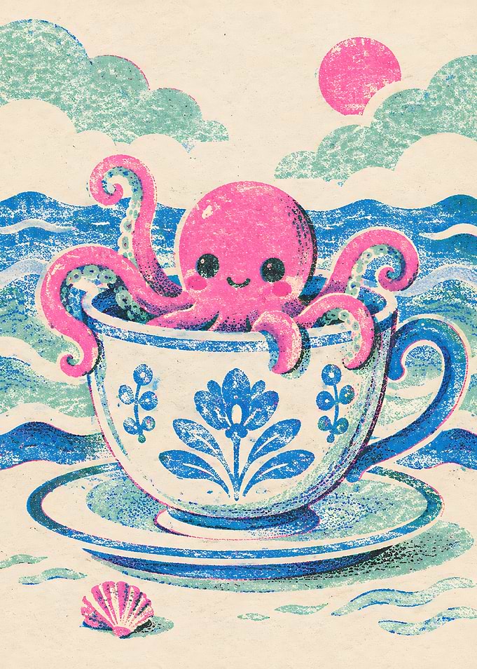 Cute Pink Octopus in Teacup