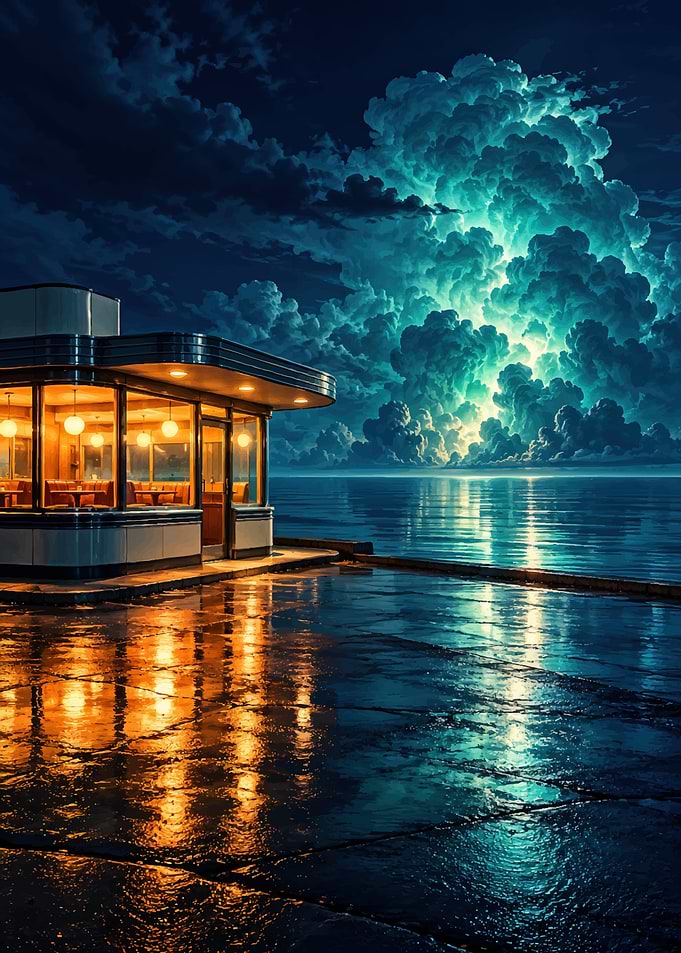 Diner by the Sea at Night