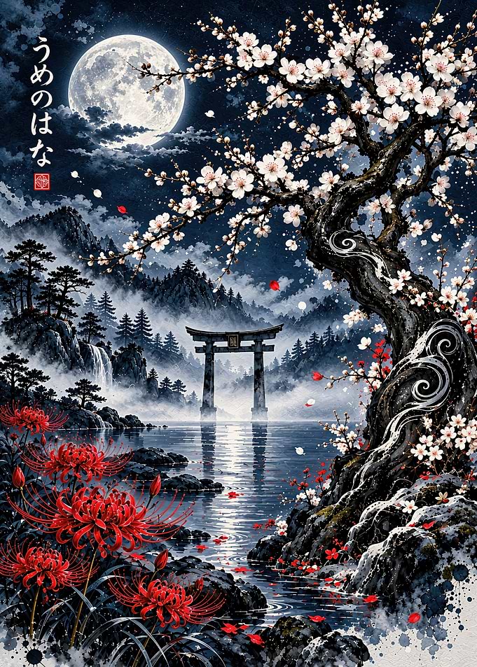 Moonlit Torii Gate and Plum Blossoms