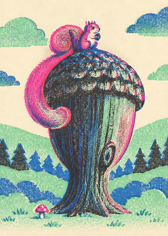 Pink Squirrel on Giant Acorn Tree