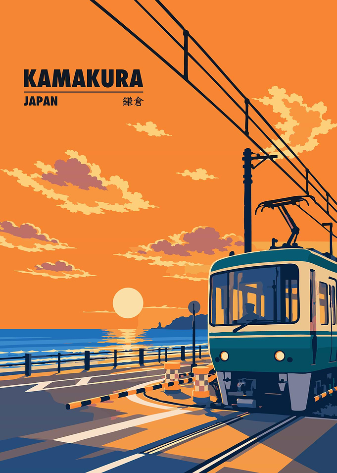 Kamakura Seaside Tram Crossing at Sunset