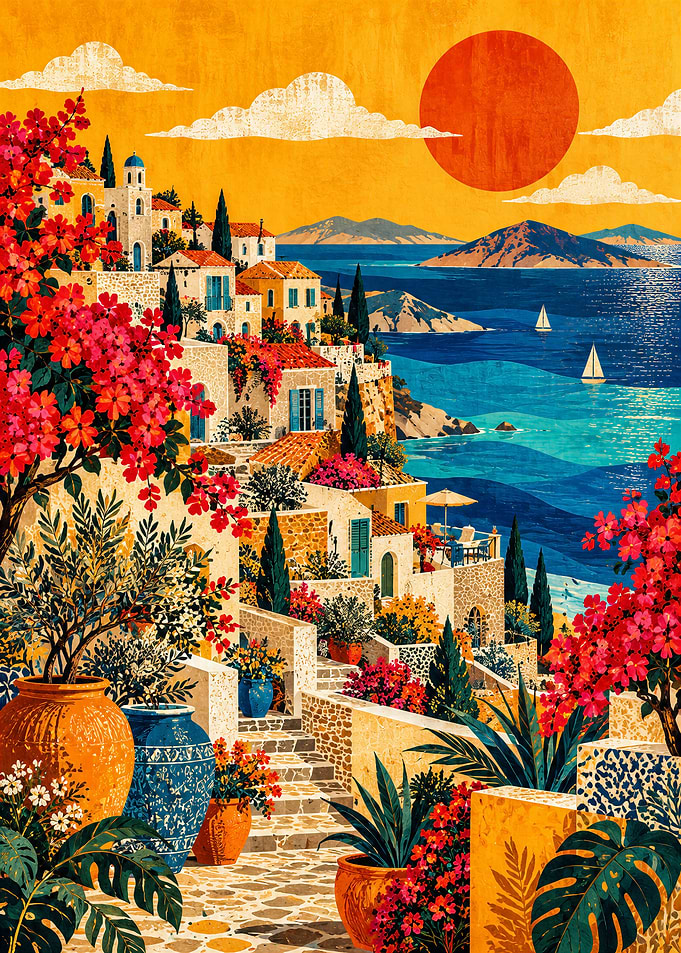 Mediterranean Coastal Village Sunset Scene
