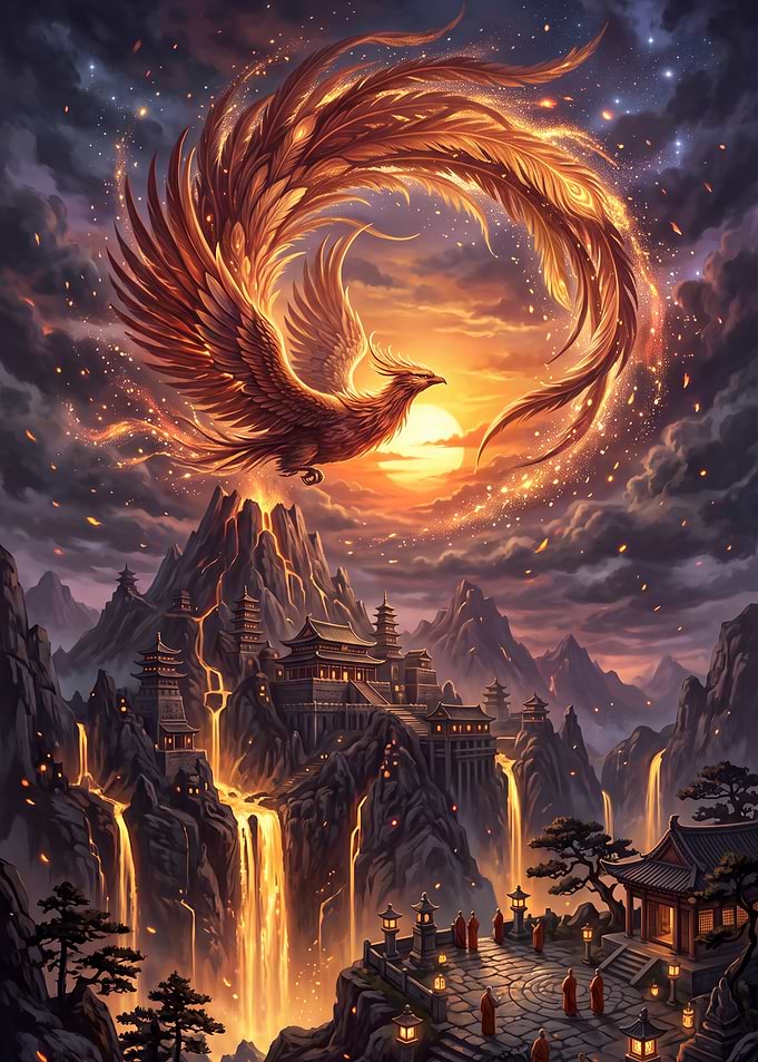 Majestic Phoenix Over Ancient Mountain Temple