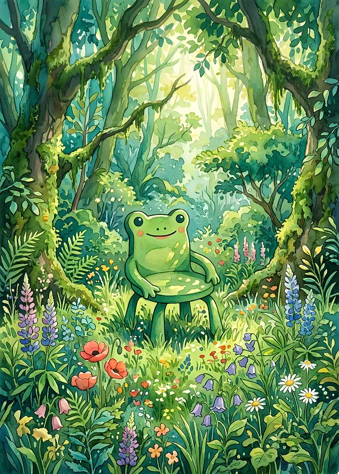 Cute Frog Sitting on Forest Chair