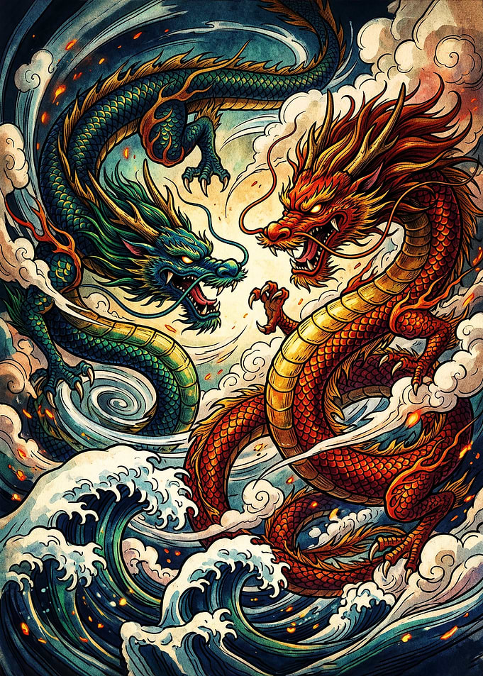 Epic Duel of Red and Green Dragons