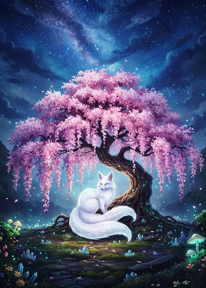 White Fox Cherry Blossom Art Poster