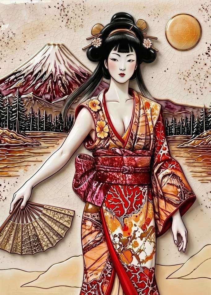 Elegant Geisha & Mount Fuji – Japanese Porcelain Art – Abstract Fantasy #17