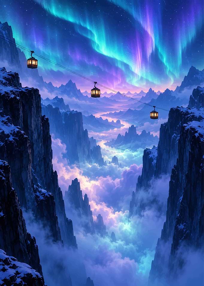 Cable Cars Under Northern Lights