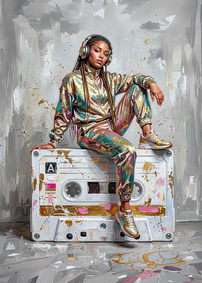 Stylish Woman Sitting on Cassette Tape