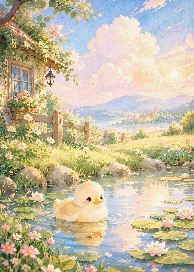 Duckling Pond Watercolor Art