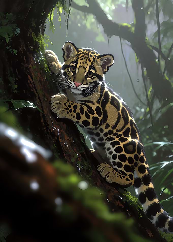 Cute Clouded Leopard Cub Climbing Tree