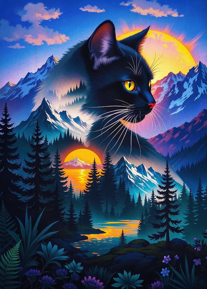 Black Cat Mountain Sunset Art Poste
