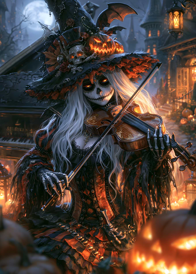 Gothic Witch Playing Violin at Halloween