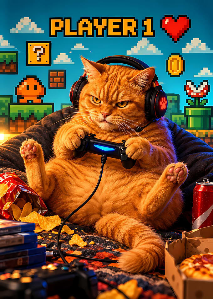 Gamer Ginger Cat Playing Video Games