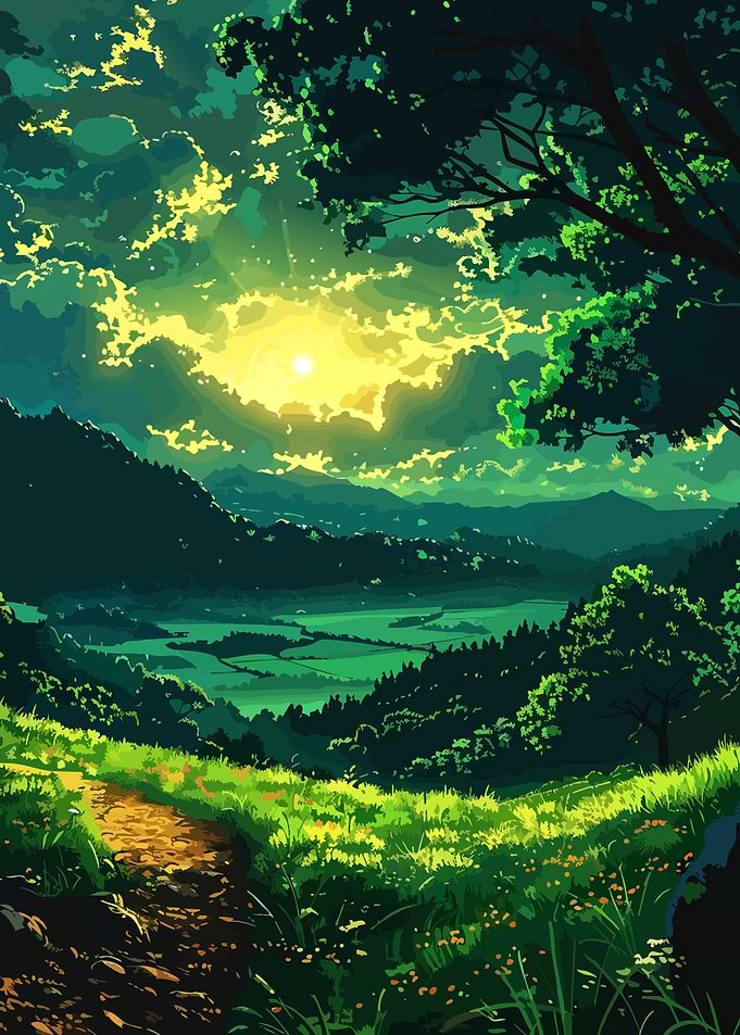 Vibrant Green Valley Sunset Landscape
