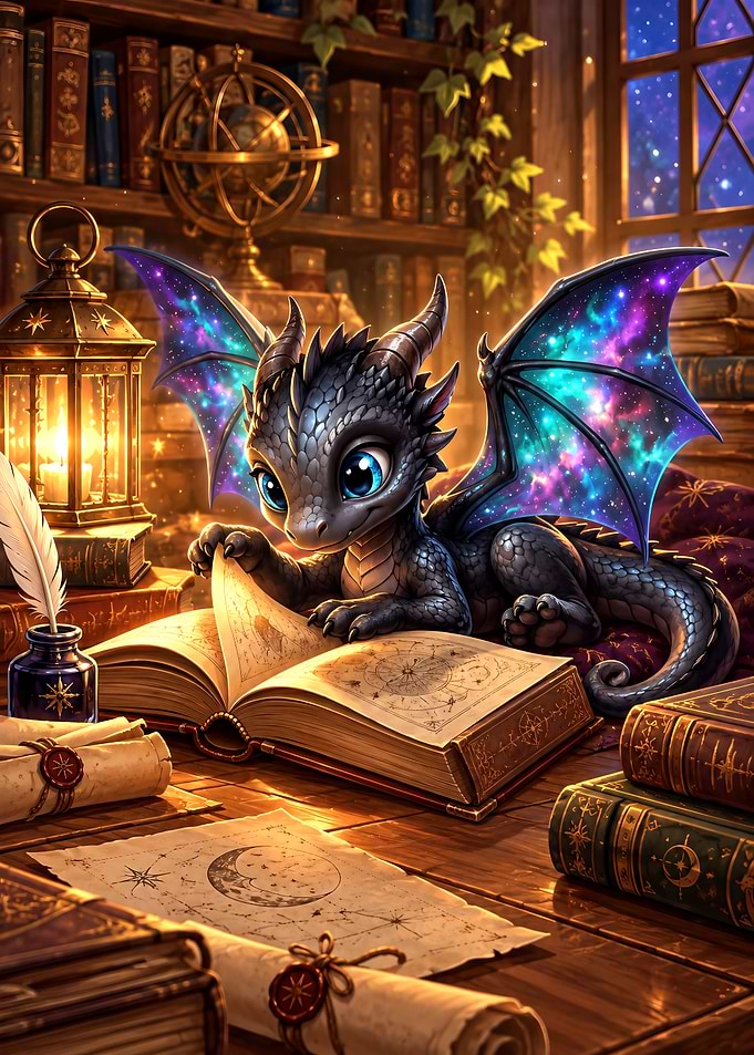 Baby Galaxy Dragon Reading in Library
