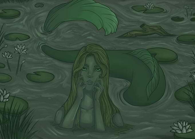 Green Mermaid in a Lily Pond
