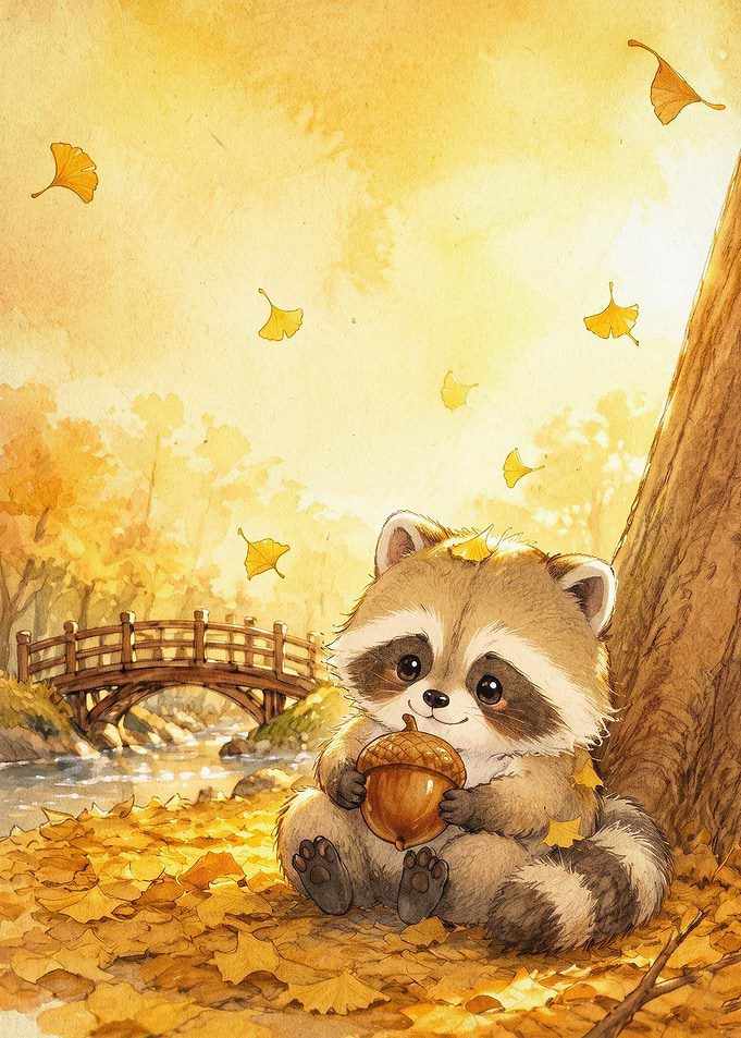 Cute Raccoon Fall Watercolor Poster