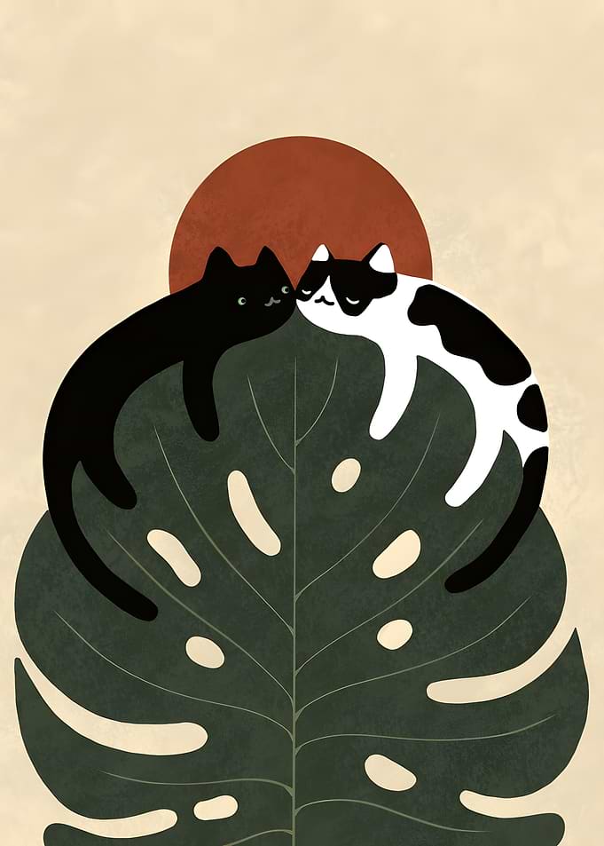 Two Cats Resting on Monstera Leaf