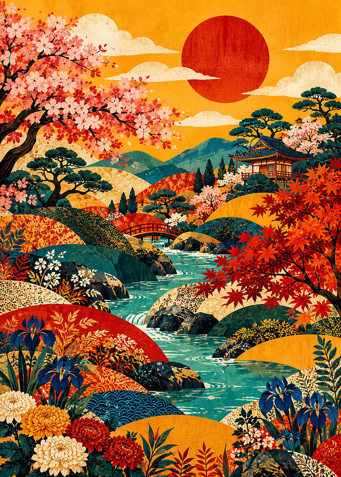 Vibrant Japanese Landscape with Cherry Blossoms