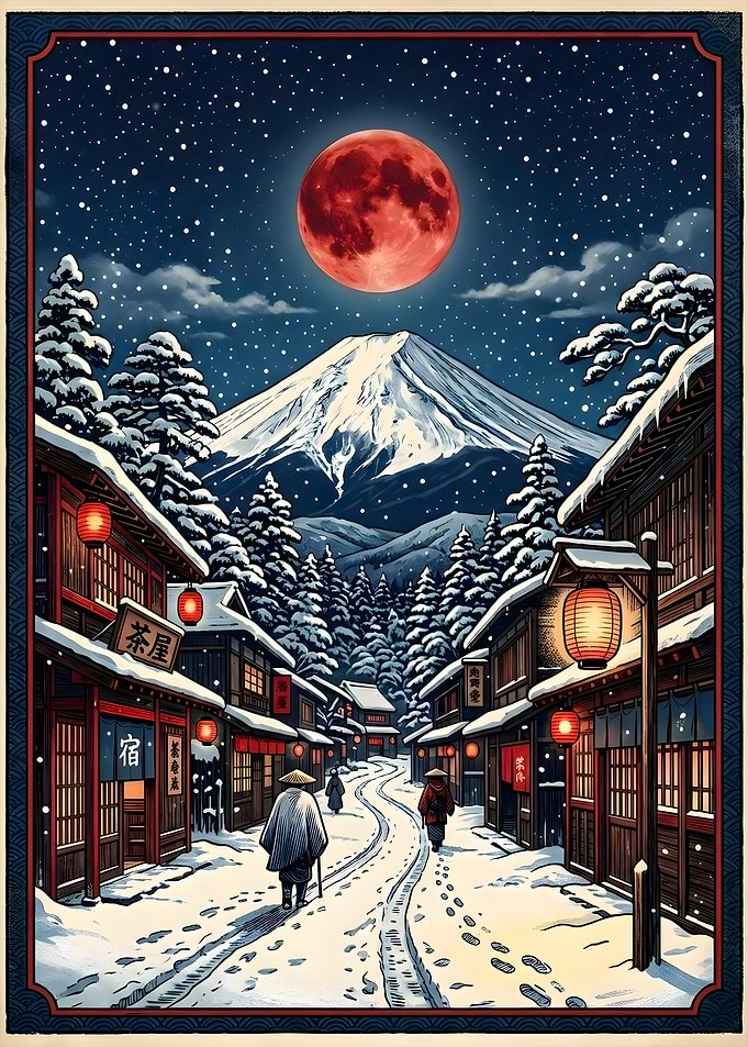 Snowy Japanese Village Under Red Moon
