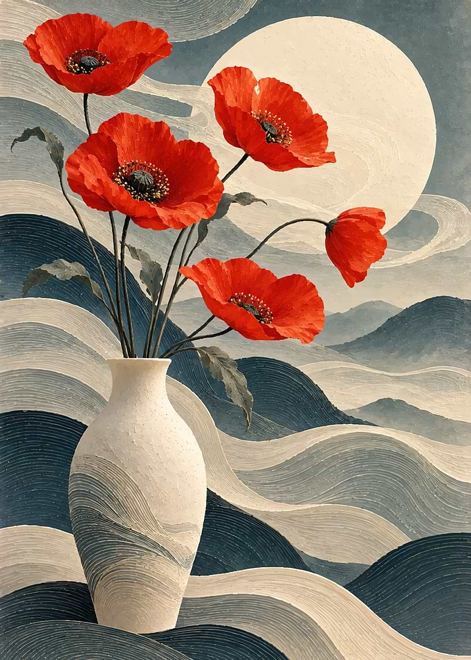 Vibrant Red Poppies in White Vase