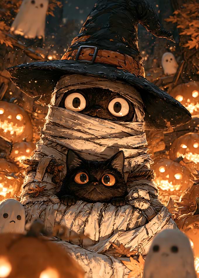 Cute Halloween Mummy Black Cat Witch Pumpkin Ghosts