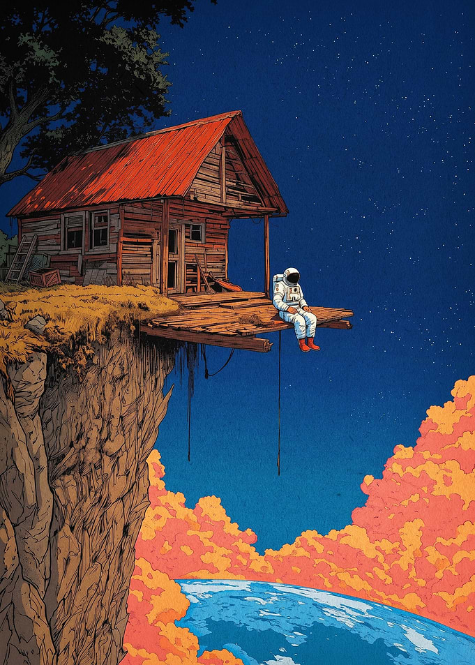 Astronaut Cliff Cabin Surreal Art