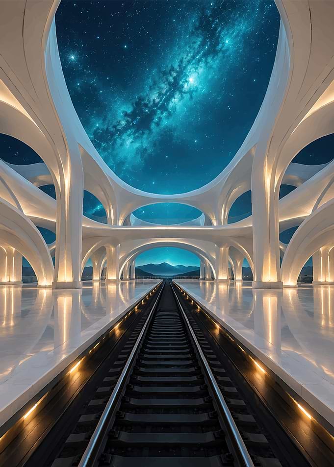 Futuristic Railway Station Under Galaxy Sky