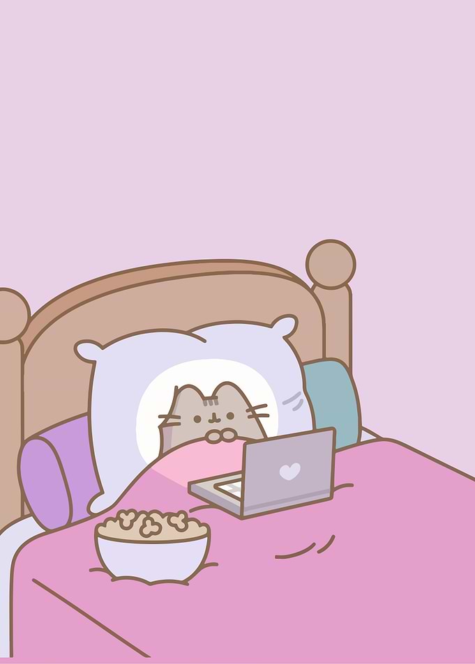 Pusheen Cat Watching Movies in Bed