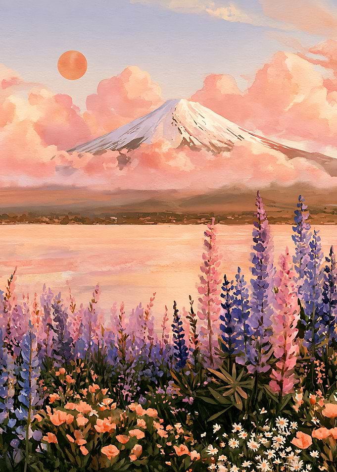 Mount Fuji Sunset with Lupine Flowers
