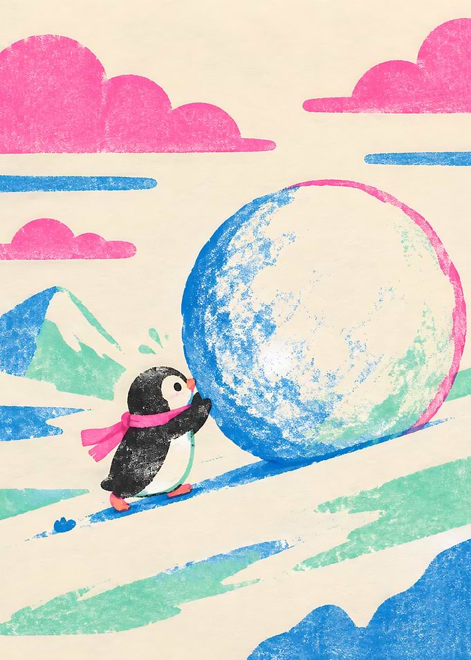 Cute Penguin Rolling a Snowball