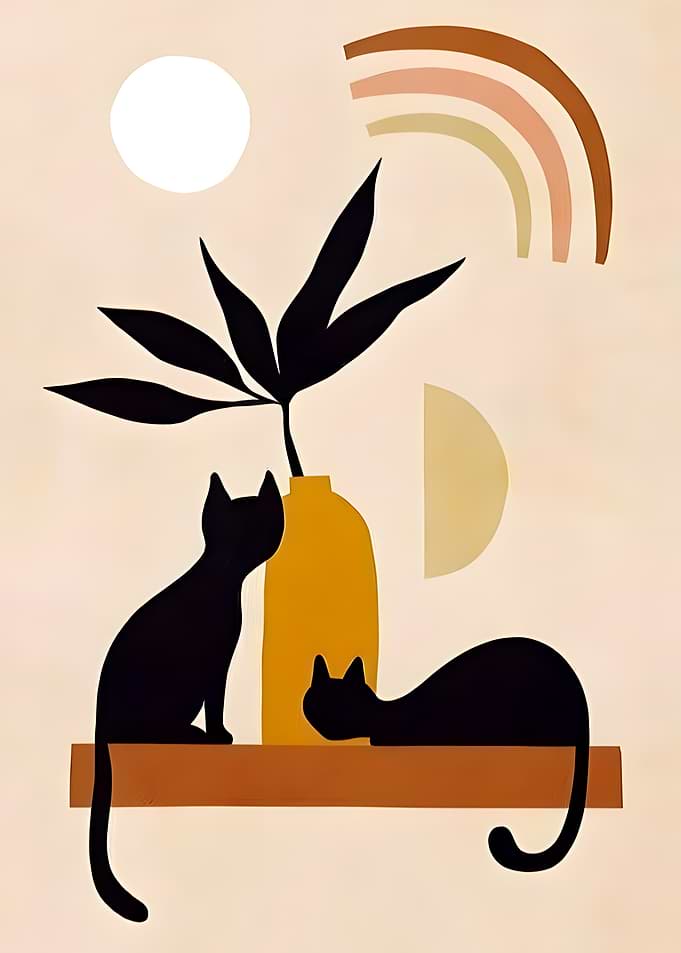 Minimalist Black Cats and Plant Art
