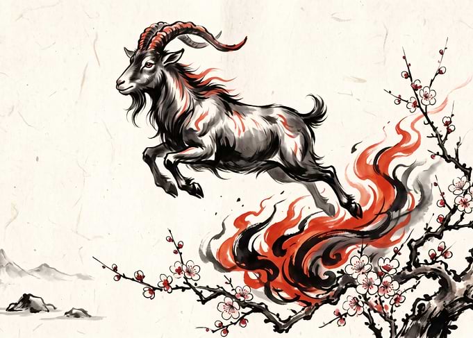 Ink Wash Painting of Leaping Goat