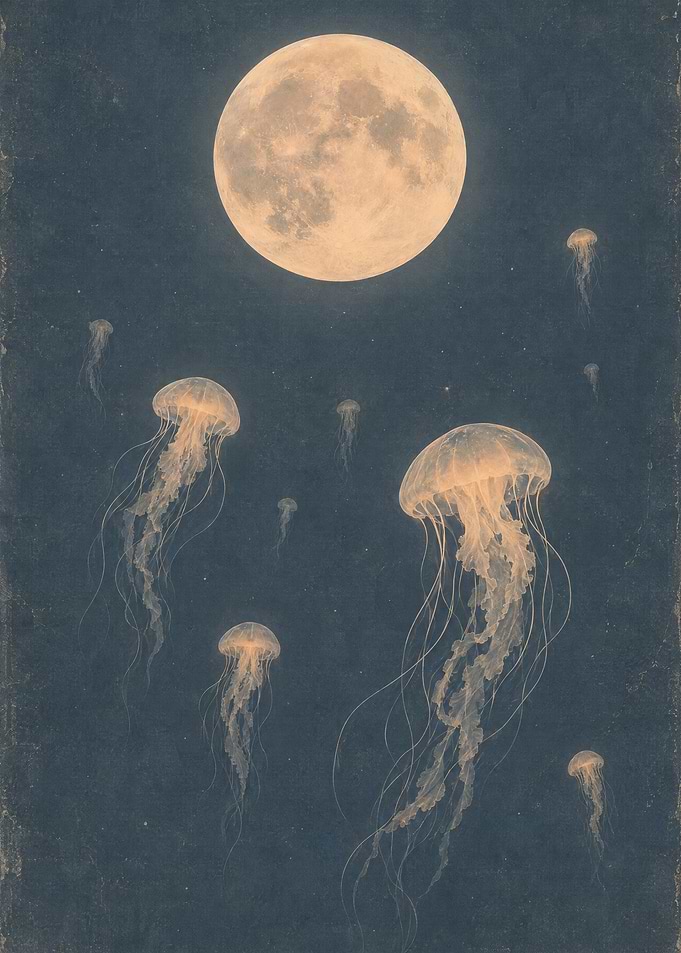 Jellyfish Floating Under Full Moon