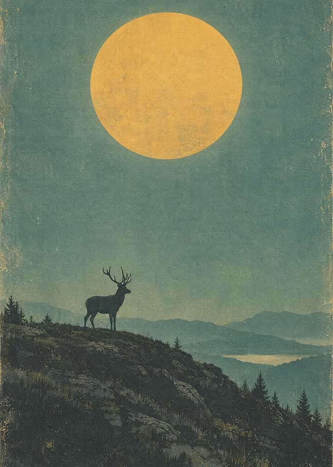 Stag Standing Under Full Moon