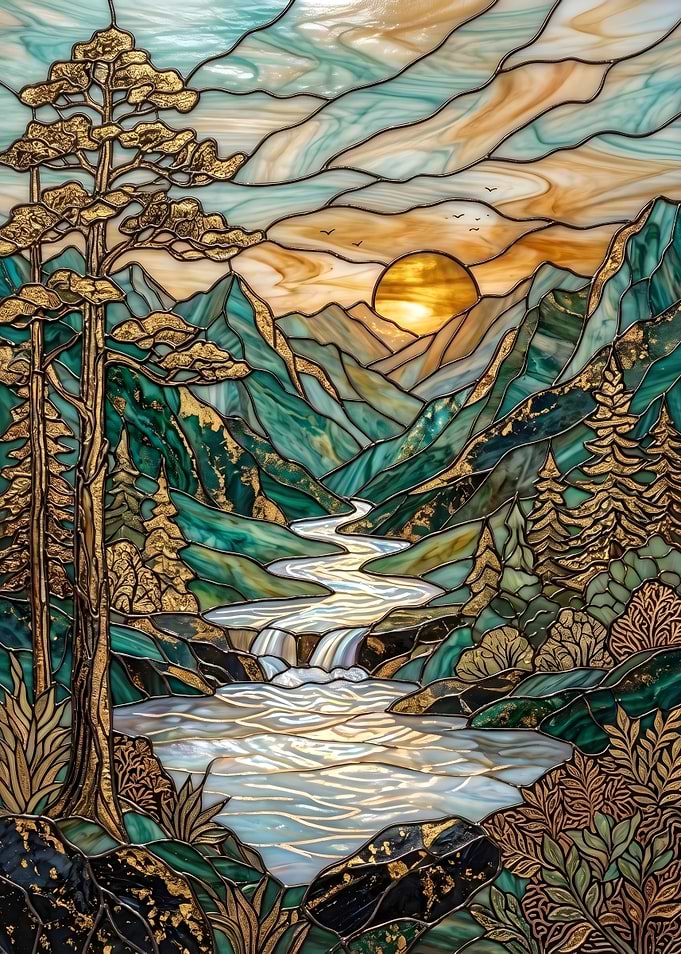 Stained Glass Mountain River Landscape