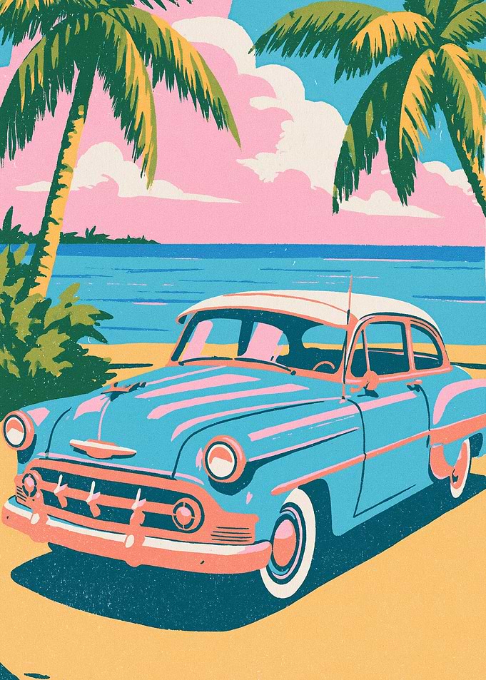 Vintage Car on Tropical Beach