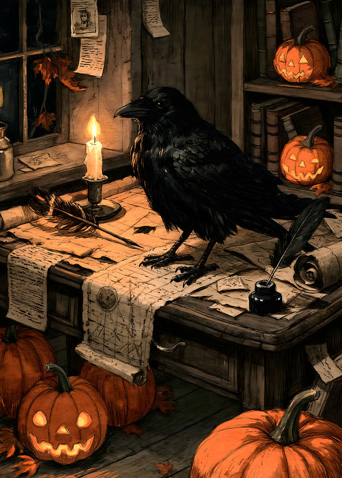 Raven on Desk with Ancient Scrolls and Halloween Pumpkins