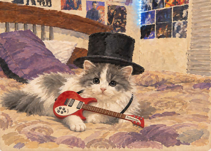 Cute Kitten Wearing Top Hat with Guitar