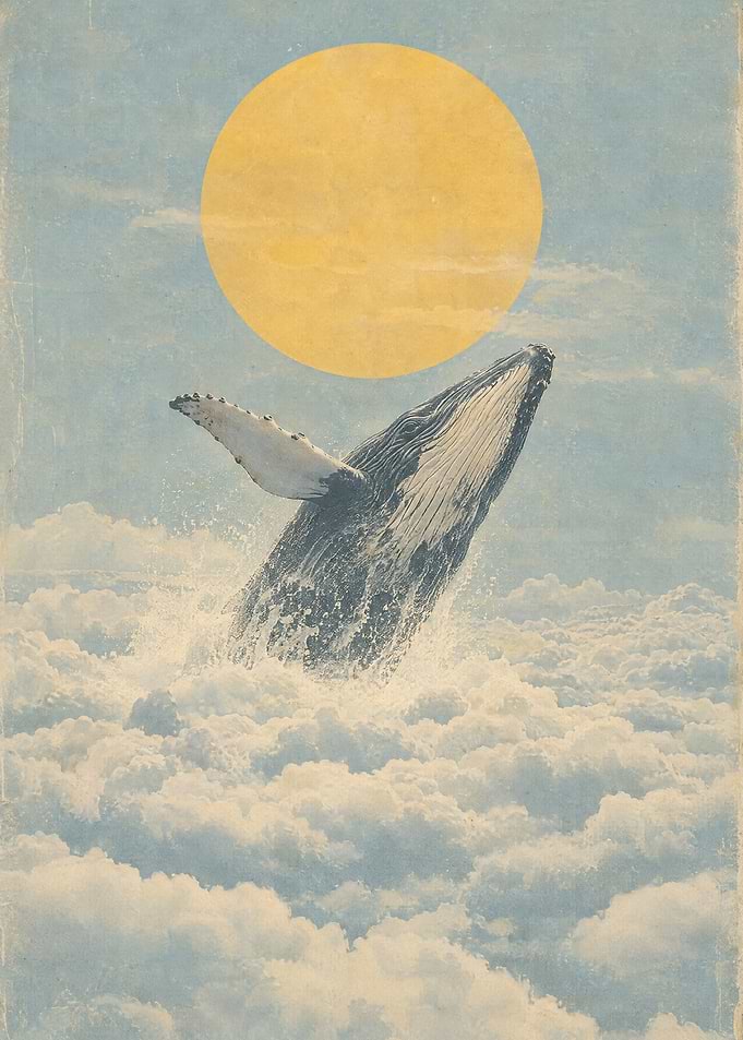 Whale breaching through clouds