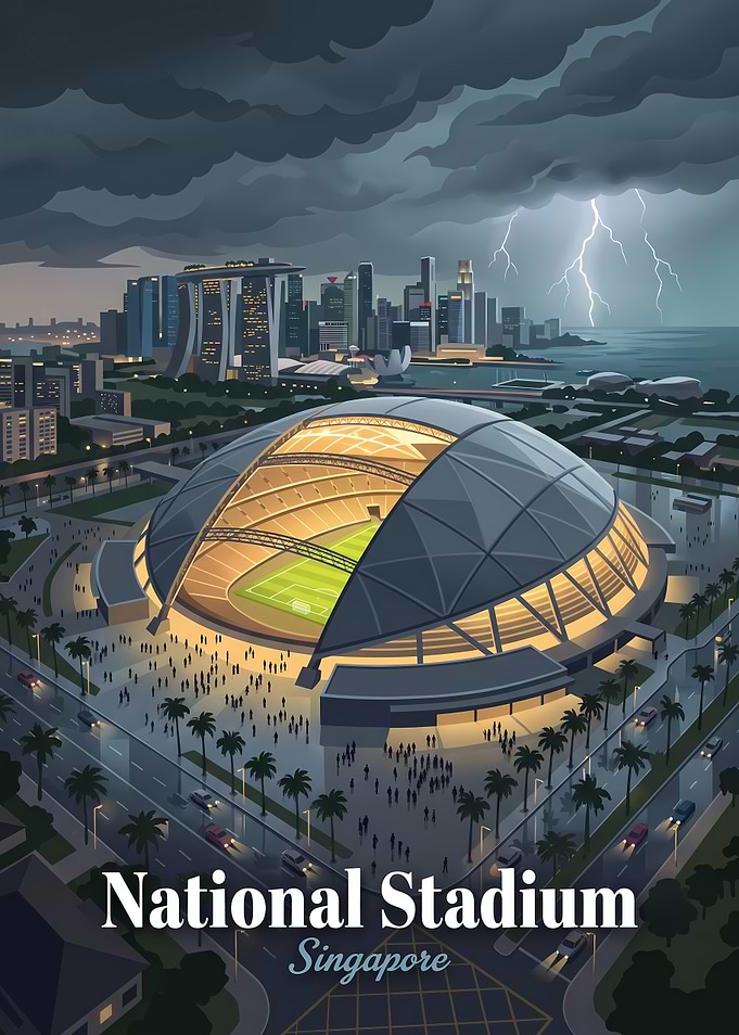 National Stadium Singapore Stormy Night Poster