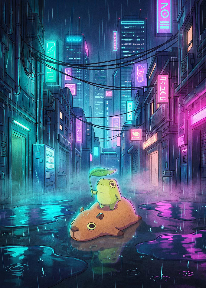 Cyberpunk Capybara Frog Neon Art