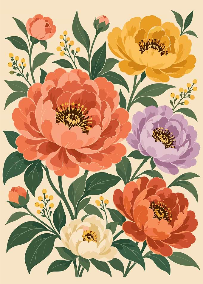 Vintage Floral Peony Botanical Illustration